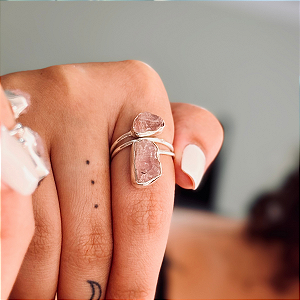 Anel Quartzo Rosa Bruto Duo - Prata 925