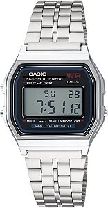 Relogio de Pulso Vintage Digital caixa resina Pulseira Aço Prata Fundo Preto A159WA-N1DF