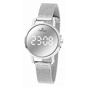 Relógio Feminino Champion Digital Prata CH48199Q Visor Espelhado LED