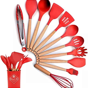 Kit 12 Utensílios de Cozinha Silicone e Cabo de Madeira