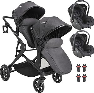 CARRINHO DE GÊMEOS PAIR PRETO + BEBÊ CONFORTO - KIDDO