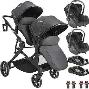 CARRINHO DE GÊMEOS PAIR PRETO + BEBÊ CONFORTO + BASE - KIDDO