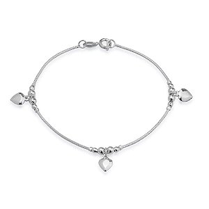 Pulseira Prateada Lisa com 3 Pingentes de Coração