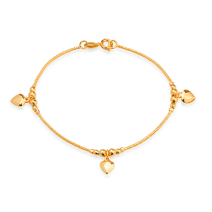 Pulseira Dourada Lisa com 3 Pingentes de Coração