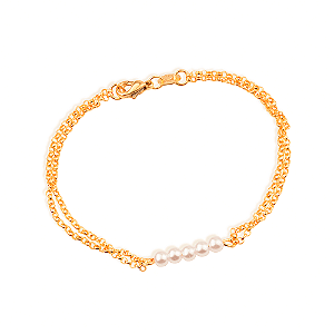 Pulseira Dourada Dupla Elo Português com Pérolas