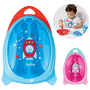 Kit Refeição Infantil Papinha Bebê Prato Garfo E Colher Foguete Com Divisórias E Tampa Buba