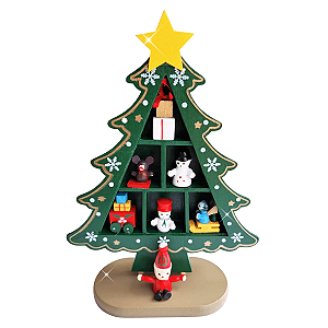 Árvore de Natal em Madeira com Papai Noel e Boneco de Neve Decoração