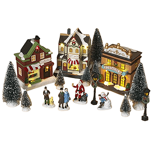 Cenário Vila Natalina Papai Noel Luz Som 17 Peças Completa