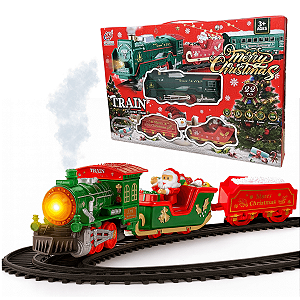 Trem Elétrico Solta Fumaça Arvore Natal Presente Com Som Luz