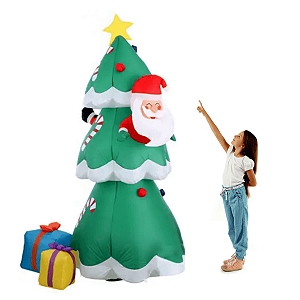 Árvore de Natal Inflável 1,80 com Papai Noel e LED Decoração Festa Comércio