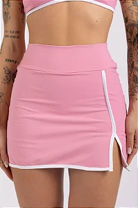 Short Saia Com Fenda Rosa Bebê e Branco