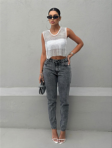 Calça Jeans Mom Marmorizada - Preta