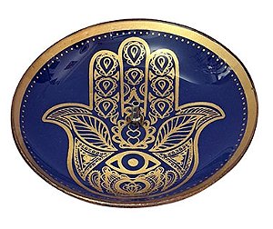 Incensário Redondo Hamsa Azul em Vidro (13cm)