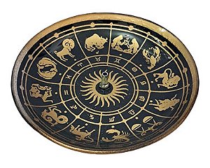 Incensário Redondo Mandala Astrológica Preto e Dourado em Vidro (13cm)