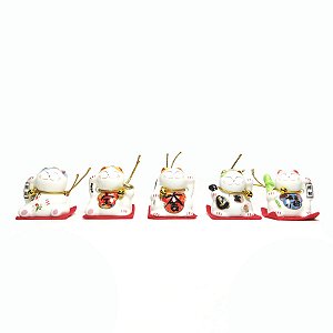 Kit com 5 Manekineko Gato da Sorte em Porcelana