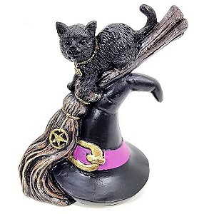 Estátua Gato Preto com Chapéu de Bruxa (14cm)