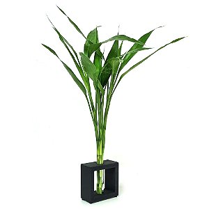 Vaso em Vidro e Suporte de Madeira Médio com 3 Hastes de Bambu da Sorte