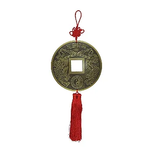 Talismã da Prosperidade Moeda Chinesa com Franjas Vermelhas