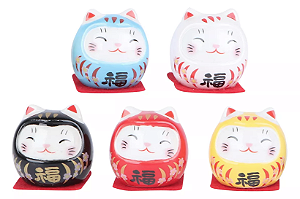 Kit com 5 Daruma Gatinho Colorido em Cerâmica (5cm)