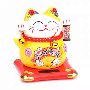 Gato da Sorte Manekineko em Cerâmica com Movimento (Amarelo)