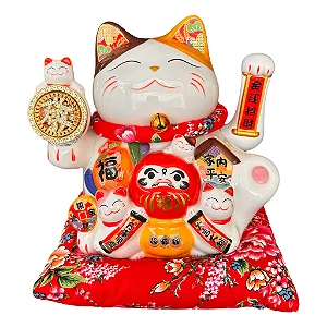 Manekineko em Porcelana com Daruma (25cm)