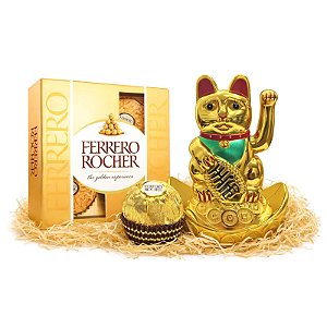 Kit com Gato da Sorte e Chocolate Ferrero Rocher (4 unidades)