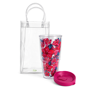 Kit Presente Sacola Cristal e Copo com Tampa Click (Hibisco Vermelho)