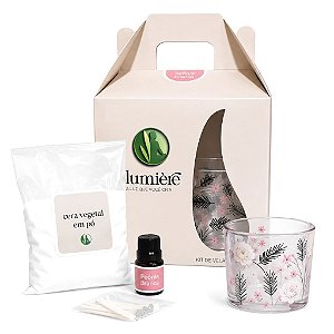 Kit Presente com Porta Velas, Cera Vegetal e Essência (Peônia Branca)