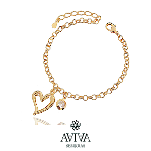 Pulseira de Corrente Elos Português com Pingente de Coração Vazado