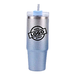 Garrafa Térmica Canudo 890ml Glitter Azul