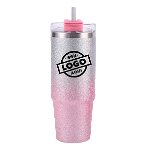 Garrafa Térmica Canudo 890ml Glitter Rosa