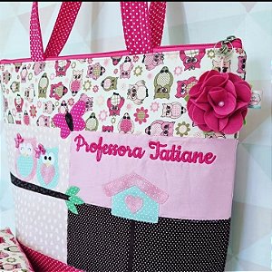 Bolsa professora coruja rosa e pink