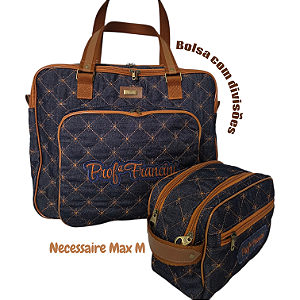 Bolsa com divisões e necessaire max em jeans