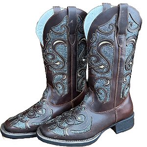 BOTA FEMININA BIG BULL MARROM COM BRILHO PRATA