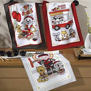 Kit Pano de Prato Felpudo 3 Peças Dohler 45x65cm Sushi 01