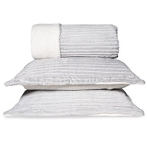 Kit Edredom Casal Dupla Face Plush/Sherpa Europa Cinza Inox 3 Peças