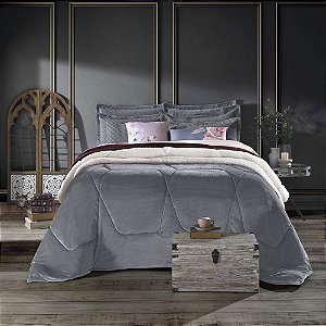 Edredom King Size Plush/Sherpa Hedrons Liso Cinza Cromo