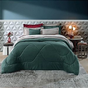 Edredom Queen Size Plush Hedrons Inove Liso Verde Selva