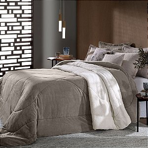 Edredom King Size Plush/Sherpa Hedrons Inove Liso Taúpe