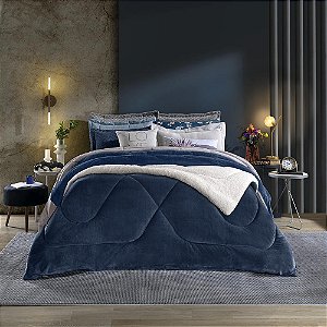 Edredom Solteiro Plush/Sherpa Hedrons Liso Mariner