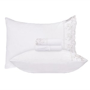 Jogo de Cama Casal Bordado Inglês Jolitex 4 Peças Toque de Seda Branco/Bege