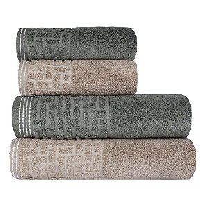 Jogo de Toalhas de Banho 4 Peças Super Soft Zero Twist Corttex Geométrico 500 g/m² Verde/Bege