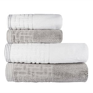 Jogo de Toalhas de Banho 4 Peças Super Soft Zero Twist Corttex Geométrico 500 g/m² Cinza/Branco