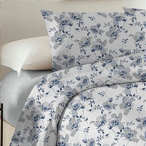Jogo de Cama Queen Size Floral Azul Corttex Microtec 200 Fios 4 Peças