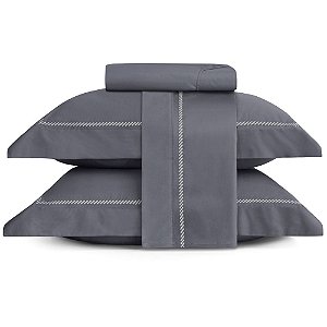 Jogo de Cama Queen Size Lynel 300 Fios 4 Peças Monet Chumbo Bordado Prata