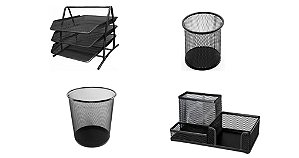Kit Porta Arquivo Triplo, Organizador de Mesa,  Lixeira e Porta Caneta Preto