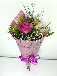 Buquê de 1 (Uma) Rosa Pink com Astromélias – Premium - Cód: 3426939