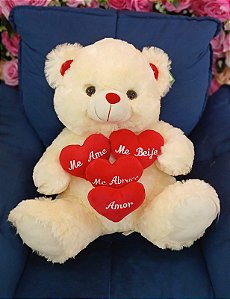 Urso Branco com Quatro Corações 45 cm de Pelúcia