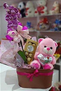 Kit de Arranjo de Orquídeas com Pelúcia e Chocolate Ferrero Rocher