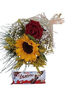 Kit Mimo de Buquê de Rosa e Girassol com Chocolate Kinder Bueno